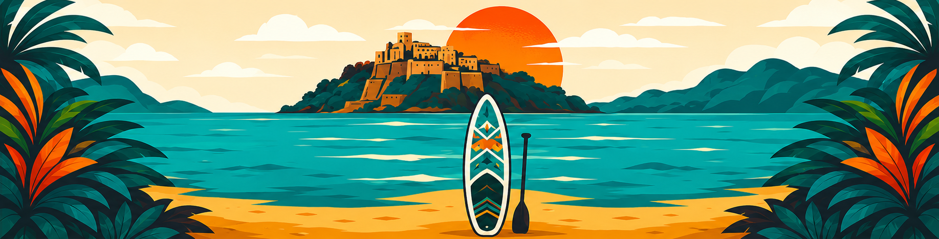 Castello Aragonese visto dal mare con una tavola SUP sulla spiaggia